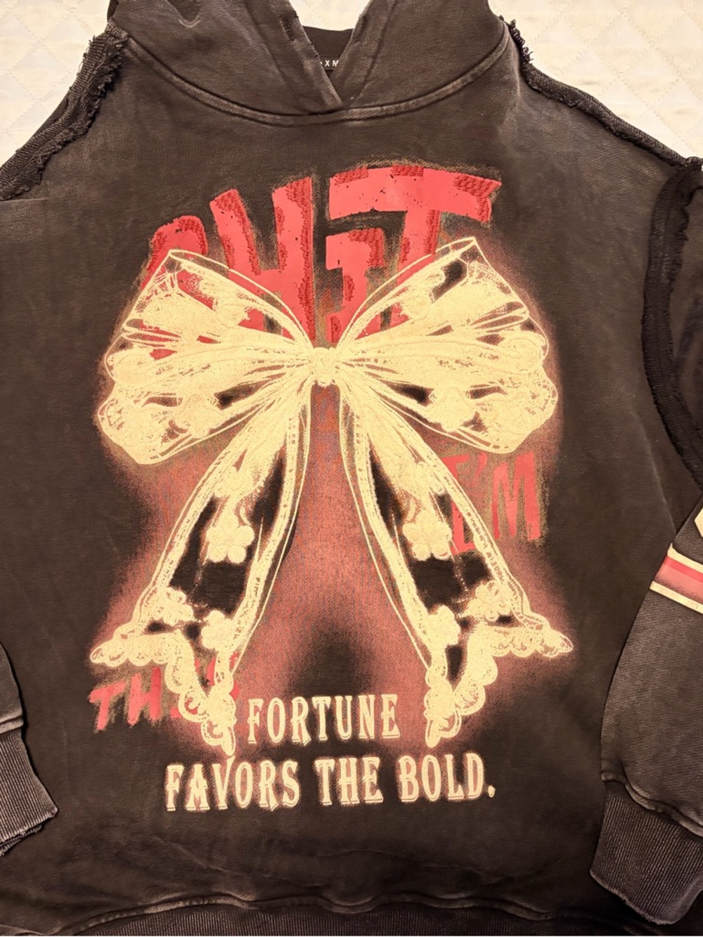 Graphic Hooded Sweatshirt with Bow and 'Fortune Favors the Bold'